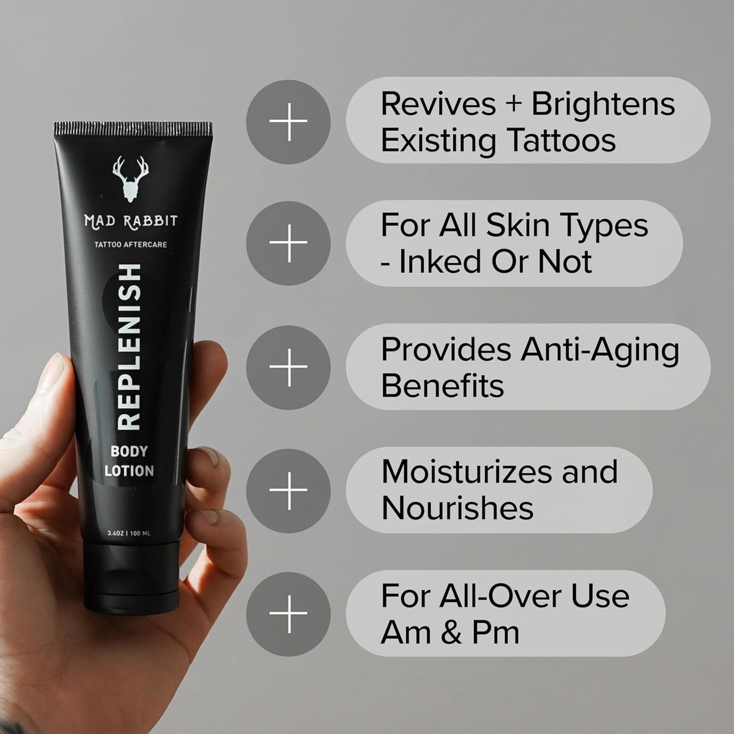 Replenish Tattoo Body Lotion - Fragrance-Free Lotion, Non-Greasy & Silicone-Free, Clean Ingredients, Lightweight for Daily Use (3.4 Fl Oz)