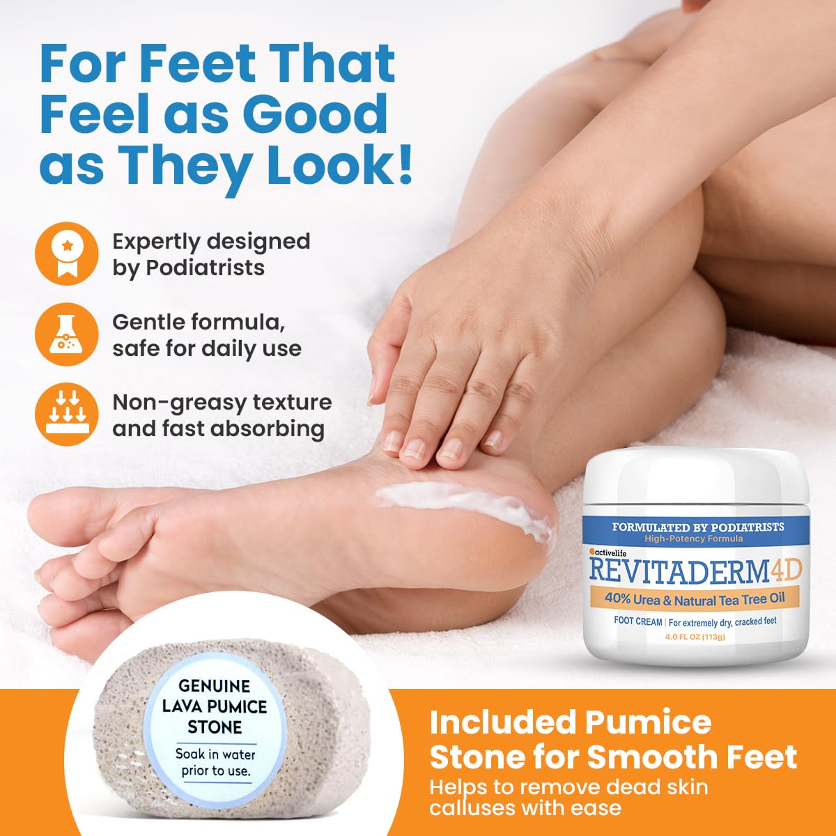 Revitaderm 4D Urea Cream 40% for Feet, Intensive Moisturizing Foot Cream for Dry, Rough, Callused Skin, Includes Free Pumice Stone and Exfoliating Brush, Fast-Absorbing, Fragrance-Free, 4oz, 5 Pack