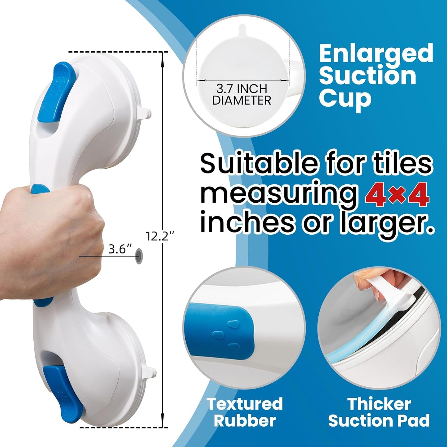 LEVERLOC Shower Grab Bar, 12 Inch Suction Grab Bars for Bathtubs, Shower Handle Handrail for Seniors Bathroom Safety Grip for Elderly, Heavy Duty No Drilling Removable,Blue