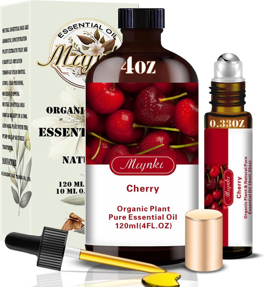 Cherry Essential Oil, Roll-on Cherry Oil Sets (4 Fl Oz + 0.33 Fl Oz) - 100% Natural, Diffuser, Massage, Yoga, DIY Soap and Candle Making - Home Fragrance, Fragrance Oils, Gifts, Spa Care