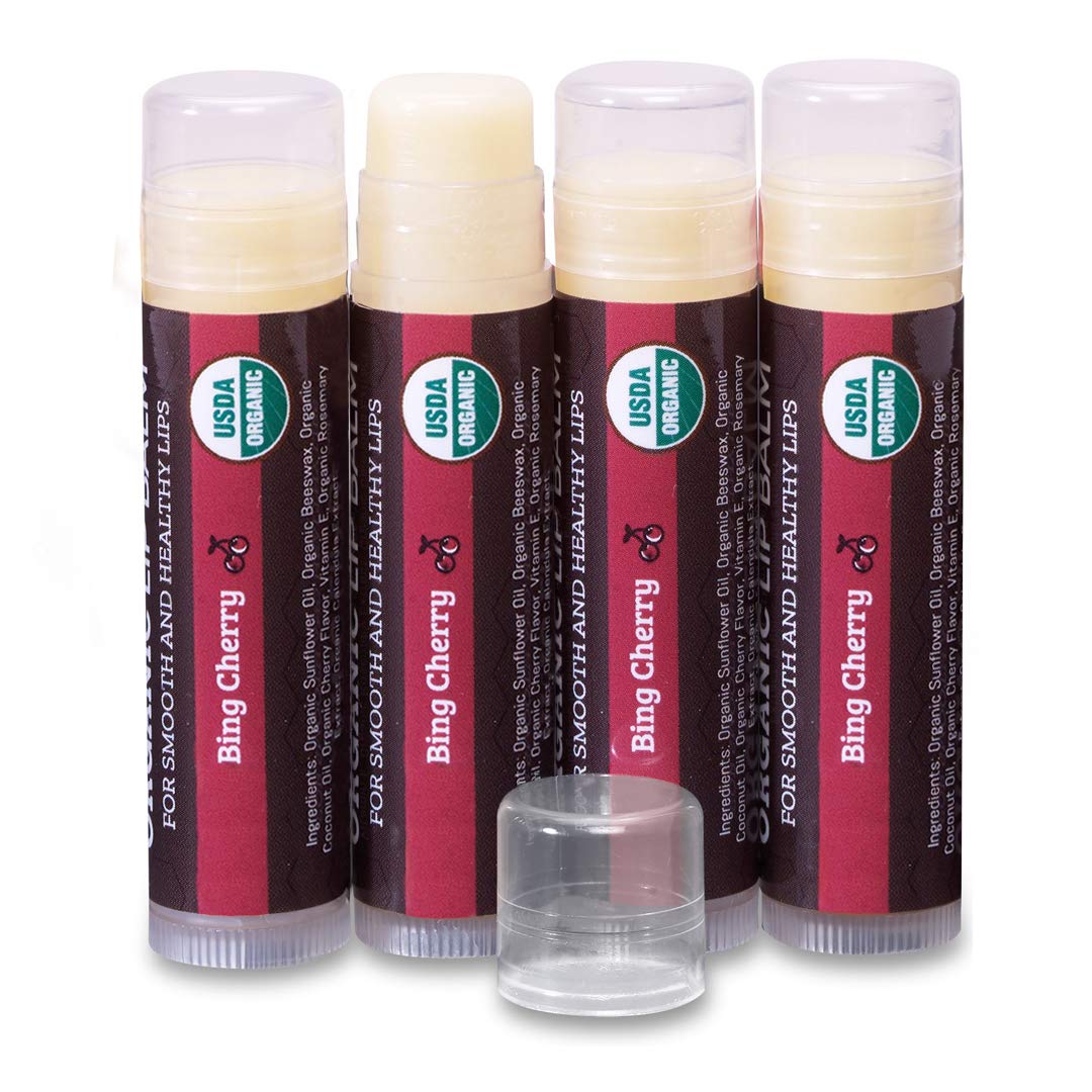 Earth's Daughter USDA Organic Lip Balm 4-Pack - Cherry Flavor - Beeswax, Coconut Oil, Vitamin E - Best Lip Repair Chapstick for Dry Cracked Lips.