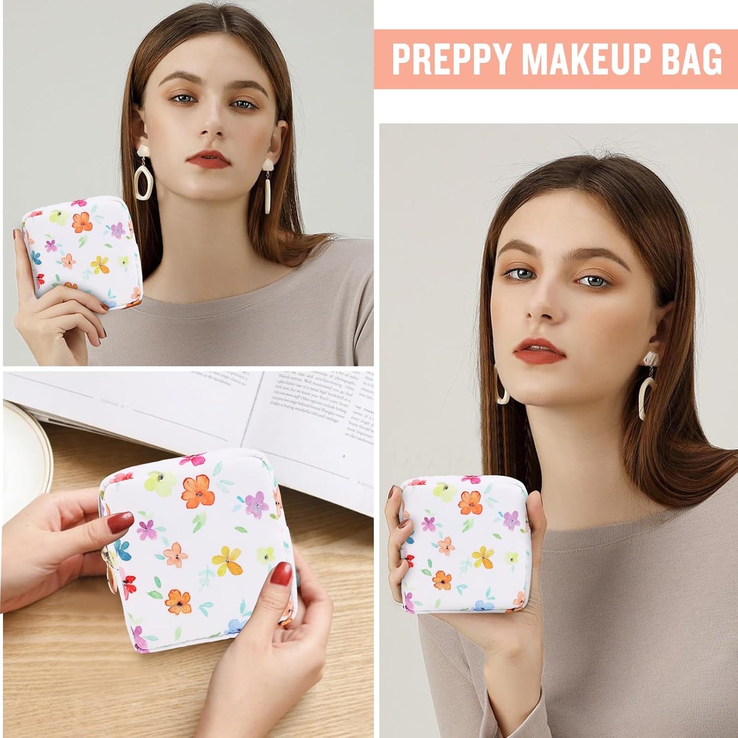 Nylon Mini Floral Makeup Bag for Purse, Small Cute Makeup Bag Preppy Flower Cosmetic Zipper Pouch, Waterproof Travel Set Coin Pouch Sanitary Napkin Storage Bag Makeup Organizer for Women(White-Flower)