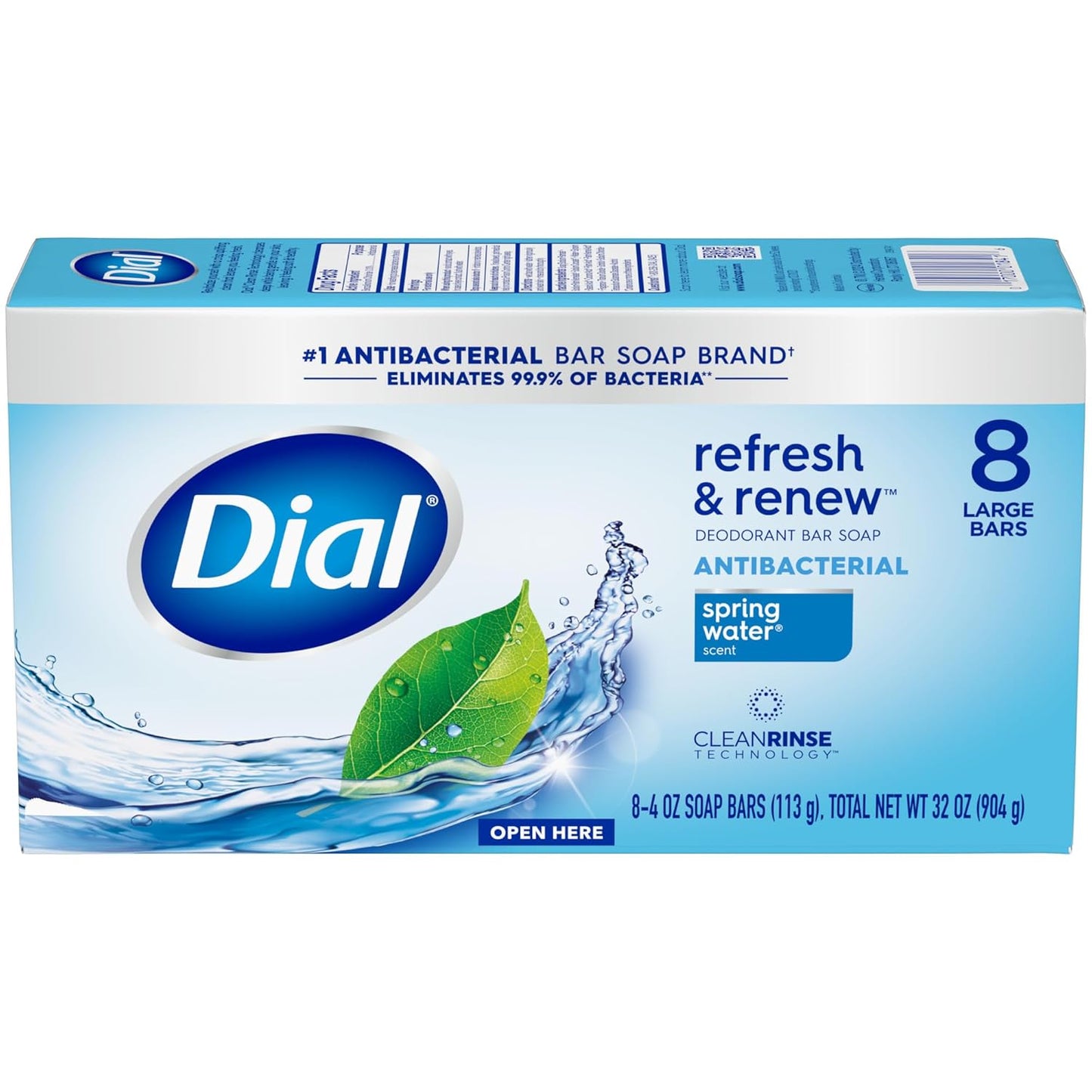 Dial Antibacterial Bar Soap, Spring Water, 32 Bars, 8 Count (Pack of 4)