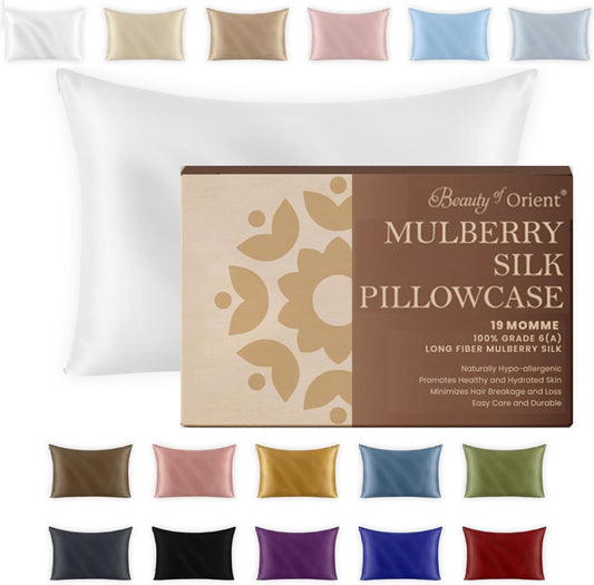 19 Momme Premium Mulberry Silk Pillowcase for Hair and Skin | Handcrafted Hypoallergenic & Anti-Acne White Silk Pillow Cases with Zipper | King - 20" x 36", Natural Undyed White