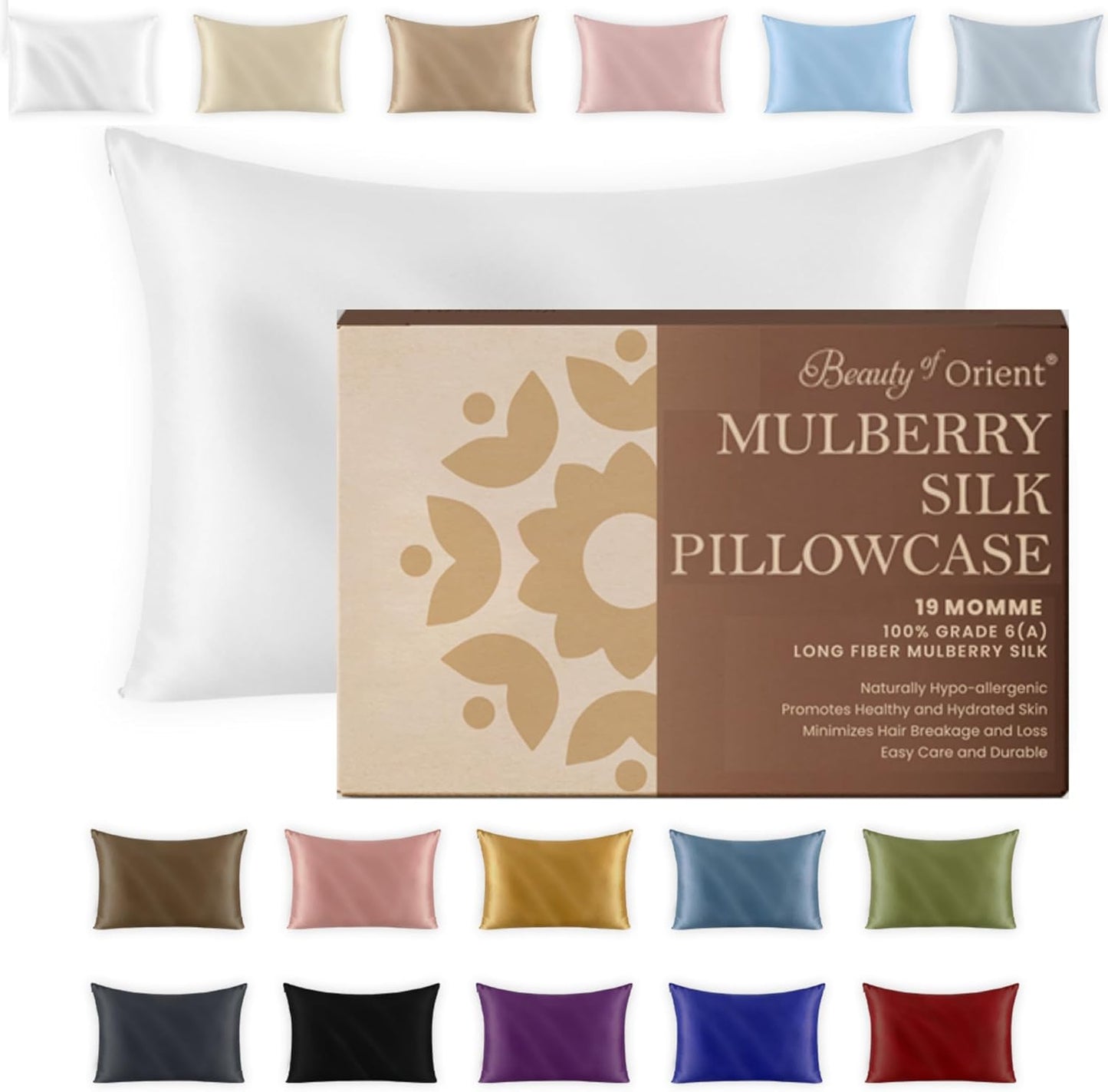 Premium Mulberry Silk Pillowcase for Sleeping Women and Men | Handcrafted Hypoallergenic & Anti-Acne White Silk Pillow Cases with Zipper | Standard - 20" x 26", Natural Undyed White