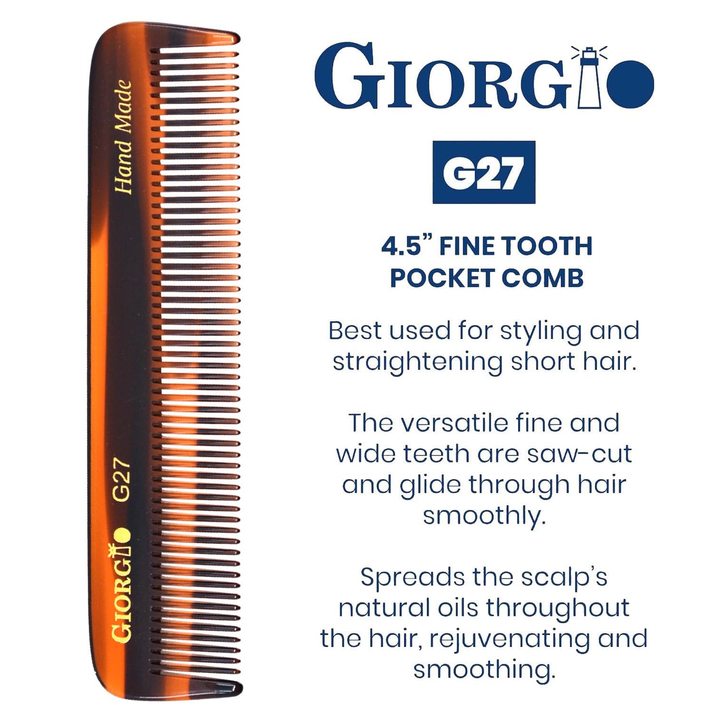 Giorgio G27 Handmade All Fine Tooth Pocket Comb, Hair Comb Straightener for Everyday Grooming Styling Hair, Mustache and Beard for Men Women and Kids, Saw Cut and Polished (Tortoiseshell)