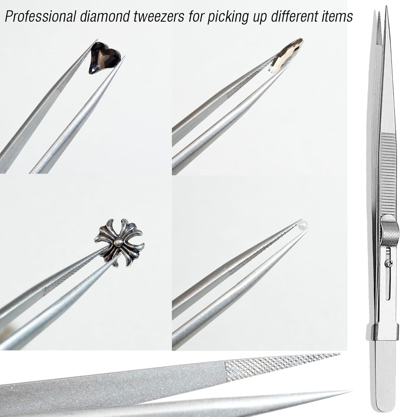 LIGHT RAIN Rhinestone Picker Tool - 4 Pcs Dual-head Ultra-lightweight Pen with 6 clay putty, and Precision Jewelry Tweezers Kit for Pick Up Nail Art Gems, Stone, Crystals