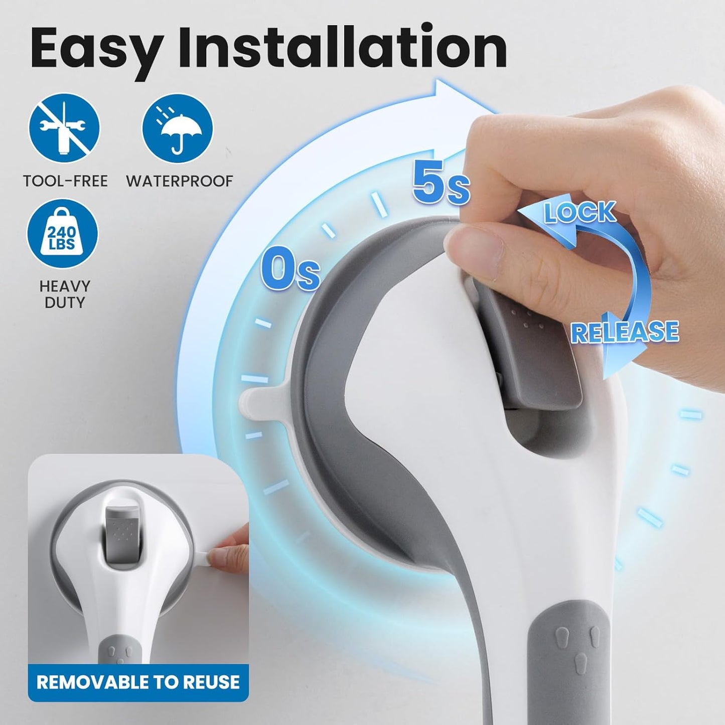 LEVERLOC Shower Grab Bar, 12 Inch Suction Grab Bars for Bathtubs, Shower Handle Handrail for Seniors Bathroom Safety Grip for Elderly, Heavy Duty No Drilling Removable,Grey