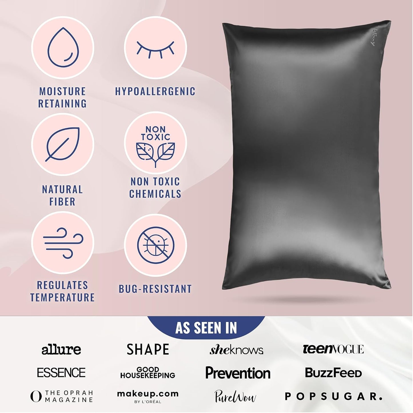 Blissy Silk Pillowcase - 100% Pure Mulberry Silk - 22 Momme 6A High-Grade Fibers - Silk Pillow Cover for Hair & Skin - Regular, Queen & King (Gray, Queen)