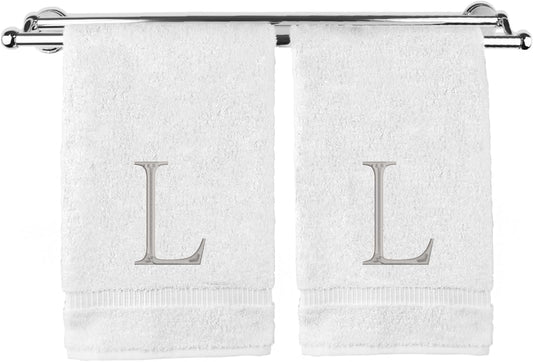 Monogrammed Hand Towel, Personalized Initial Gift, Extra Absorbent 100% Turkish Cotton - Soft Terry Finish - Set of 2 - Silver Block Initial L - Embroidered on White Towels
