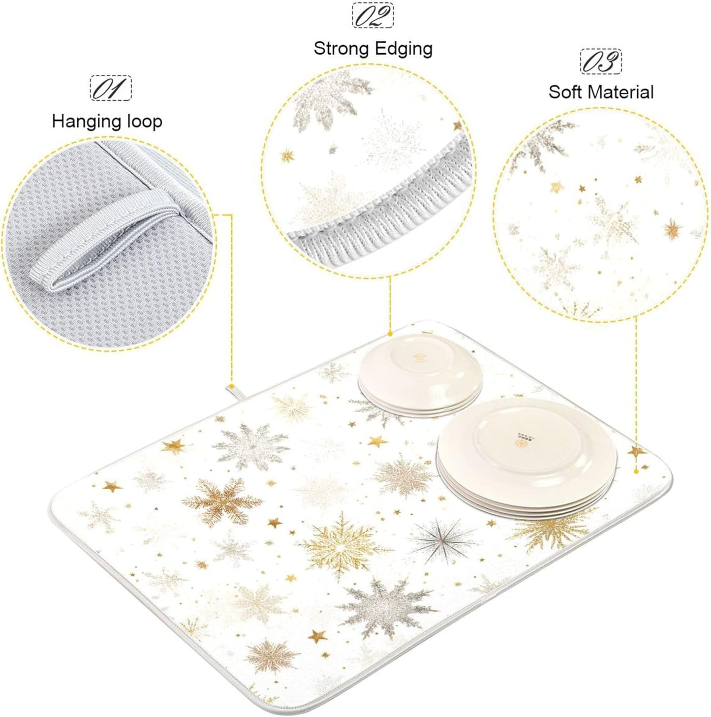 Winter Snowflake White Dish Drying Mat for Kitchen Countertop 18x24 Christmas Snow Golden Xmas Large Drying Mat Reusable Quick Dry Dish Sink Mats Easy Clean Decorative Essentials