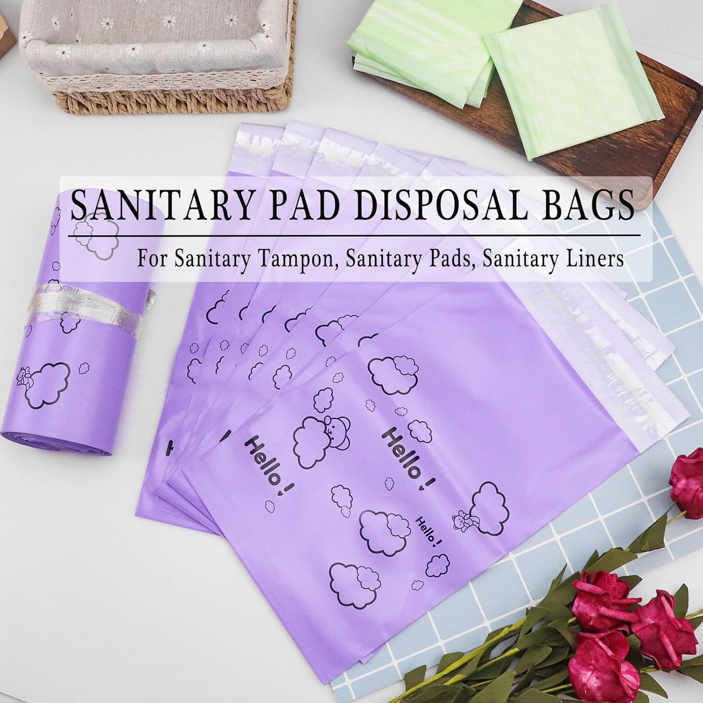 Cute Purple Sanitary Pad Disposal Bags - Pack of 200, 7x12inches Opaque Feminine Hygiene Disposal Bags for Tampons, Liners