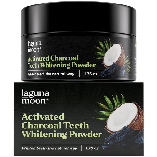 Lagunamoon Activated Charcoal Teeth Whitening Powder - 50g Natural Coconut Charcoal, Effective Teeth Stain Remover and Toothpaste Alternative - Safe for Gums Or Enamel