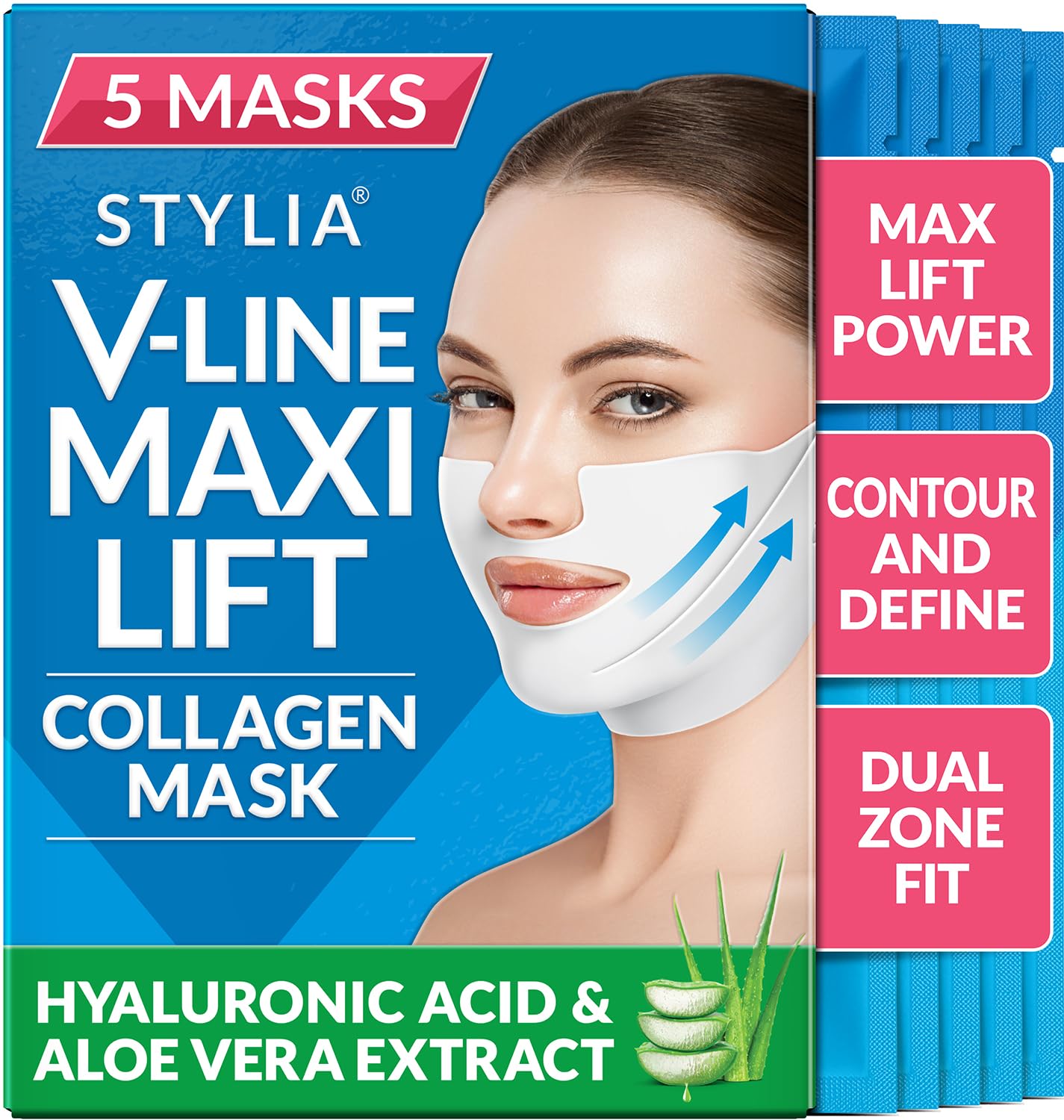 Stylia MaxiLift V-Line Lifting Collagen Face Mask - Advanced Double Chin Reducer - Jawline Shaper - Neck Firming and Tightening Mask with Hyaluronic Acid & Aloe Vera - Chin Strap for Sleeping (5PC)