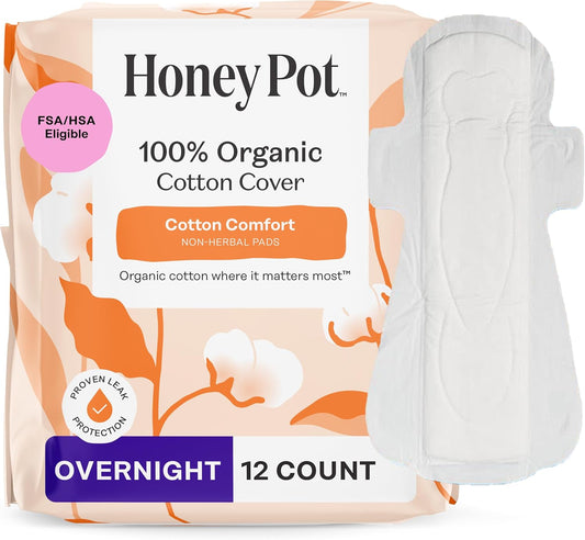 The Honey Pot Company - Sanitary Pads for Women - Non-Herbal Overnight w/Wings - Organic Cotton Cover, & Ultra-Absorbent Pulp Core - Feminine Care - 12 ct