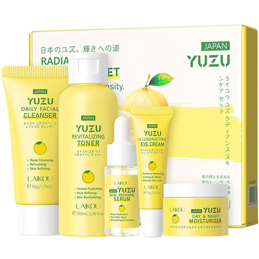 Grapefruit Skincare Set, 5-In-1 Skincare Gift Set With Facial Cleanser, Face Serum, Face Cream, Eye Cream, Moisturizing Toner Anti-Aging Skin Care Kit For Women Men