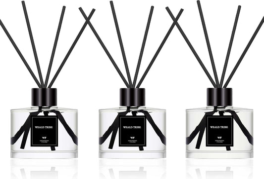 WEALD TRIBE Reed Diffuser Set Of 3 For Bathroom Air Fresheners, Oil Defusers Sticks | Bamboo, Sage & Sea Salt, Sandalwood Ebony Scent(1.7 fl oz Each Pack) Home Fragrance With 12 Sticks | Shelf Decor