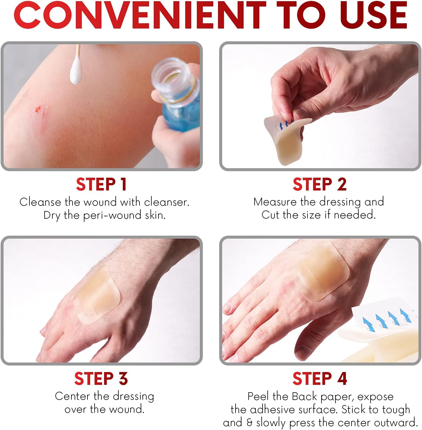 Healqu Hydrocolloid Wound Dressing - 4x4 Thin - Box of 10 Large Bandages - Sterilized Bordered Hydrocolloid Patches for Bed Sores, Abrasions, and More - Waterproof and Absorbent with Protective