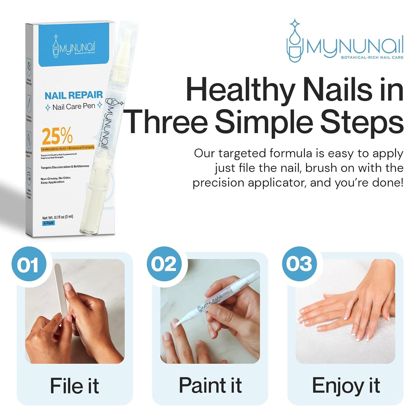 Nail Care/Conditioning Pen – Botanical Oils for Healthy, Clear-Looking Toenails and Fingernails – Fast Precision Brush Application Nail Repair Pen, Appearance of Clear Nails - Pack of 3