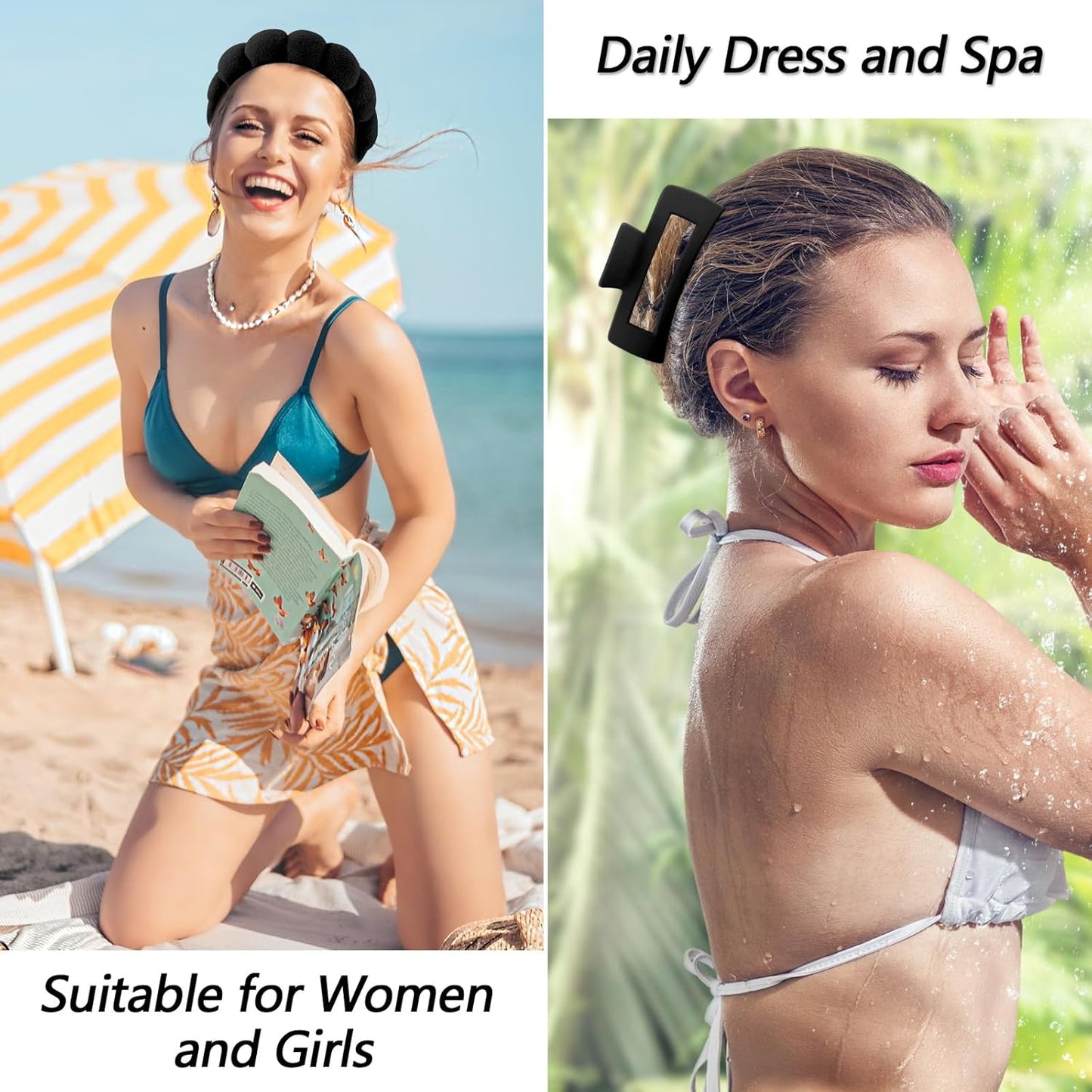 VELSCRUN Spa Headband, Makeup Face Wash Skincare Headbands, 5 Pcs Sponge Get Ready Snail Hairband Facial Wristband Hair Clip Set, Stuff for Teen Girls Women Trendy Hair Accessories Black