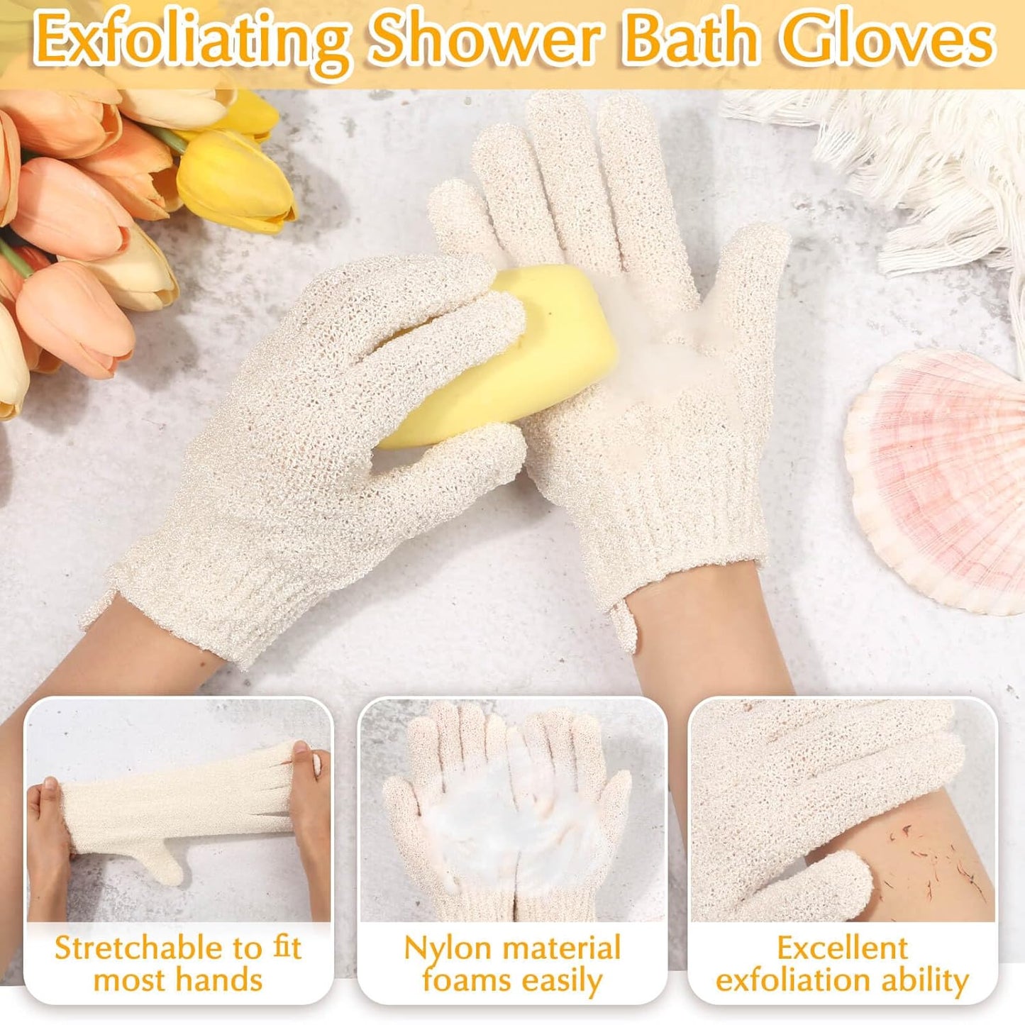 Anezus Exfoliating Back Scrubber Bath Gloves Set, Exfoliating Shower Towel with Shower Gloves for Body Scrub, Back Cleaner Wash Gloves to Remove Dead Skin (Beige)