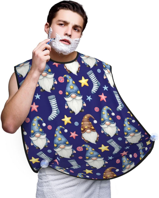 Strong Suction Cup Beard Grooming Bib, Non-Stick Hair Catcher, Waterproof, for Shaving, Watercolor Cute Gnomes Dark Blue