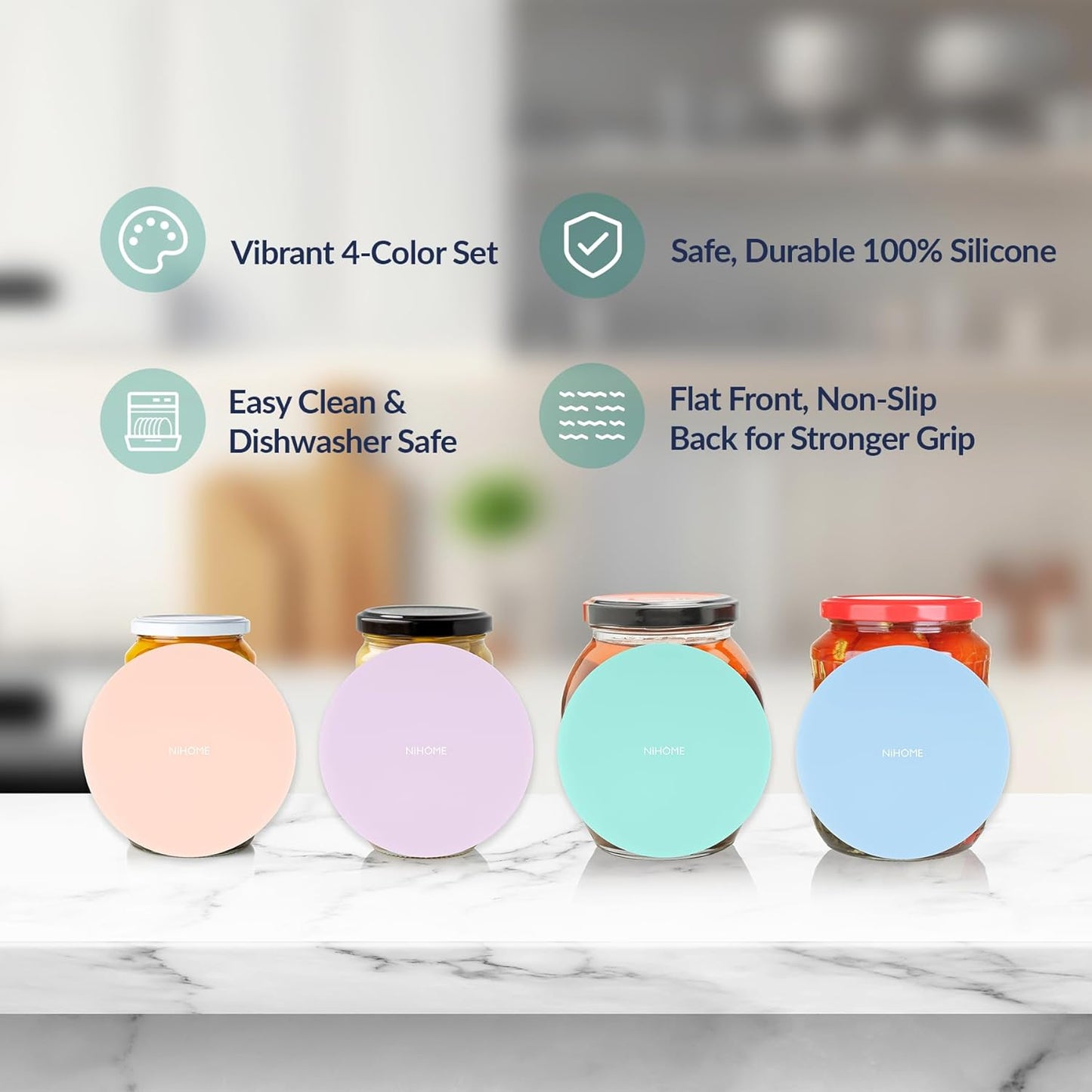 NIHOME Silicone Jar Opener – 6 Inch Large Anti-Slip Grip Pads, Premium 100% Food-Grade Silicone, Stylish Designer Colors, Multi-Purpose Heat-Resistant Mat & Coaster, Set of 4 (Macaron Colors)