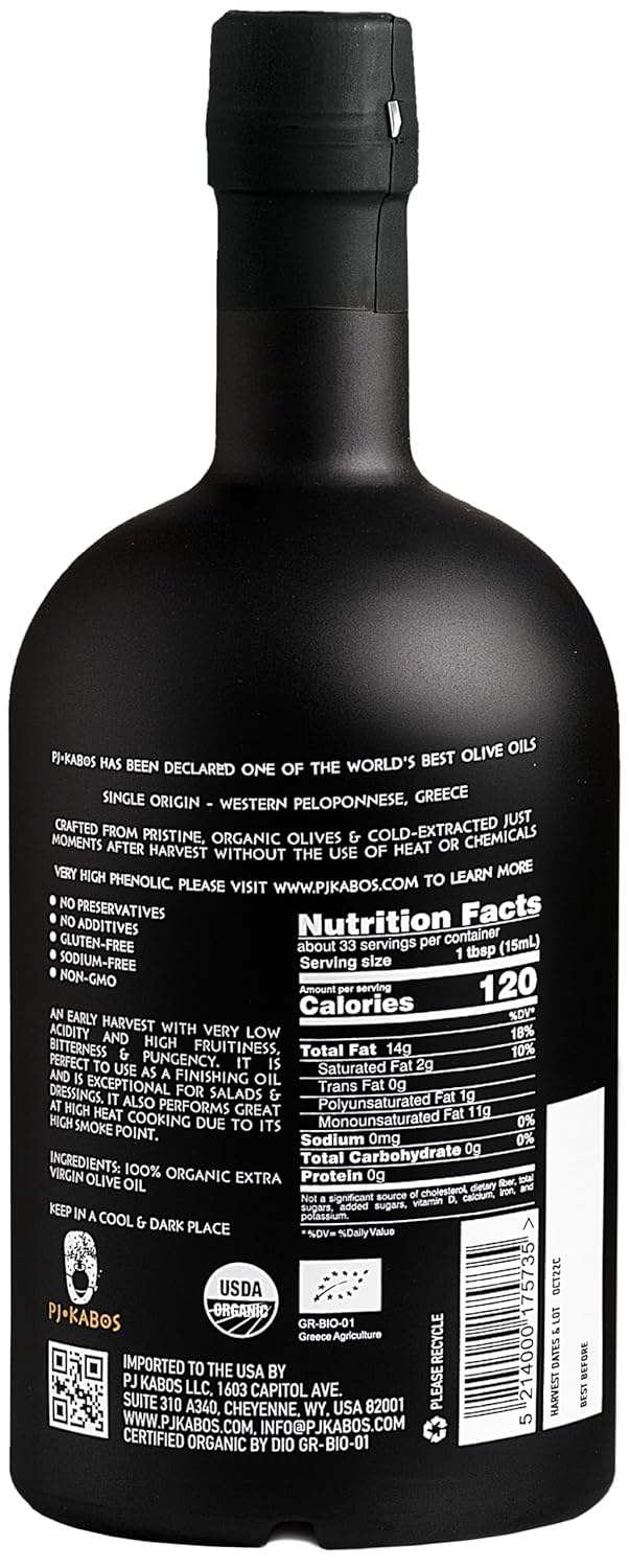 P.J. KABOS 2025 Gold Award Winner, Very High Phenolic (750+ mg/kg), USDA Organic Greek Extra Virgin Olive Oil, Kosher, Greece, Cold Extracted, 16.9oz, “Family Reserve Organic - Robust”