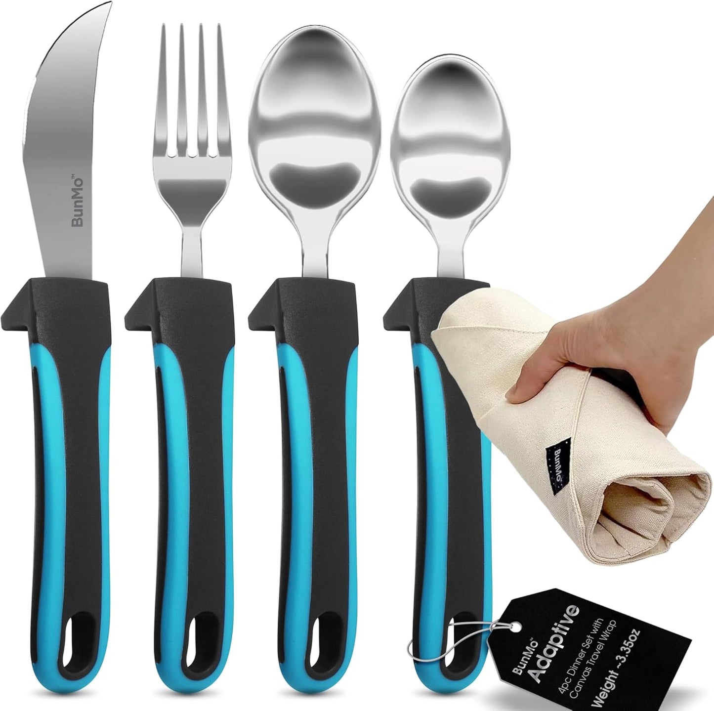 BUNMO Adaptive Utensils for Elderly, Arthritis, Weak Hand Grip, Tremors & Handicapped - Convenient Travel Pouch - 3.35oz Lightweight - Stainless Steel - Eat Independently - Adaptive Blue 4 Piece Set