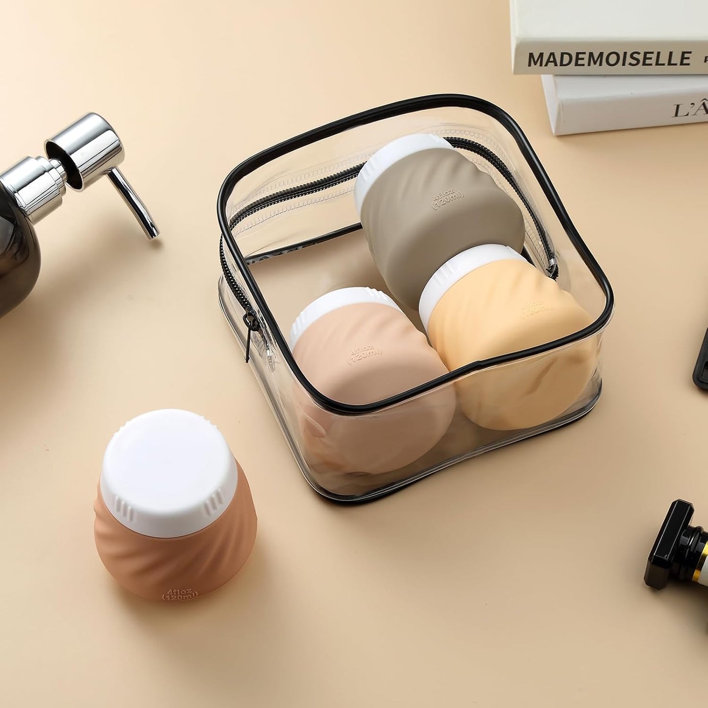 Gemice 4 OZ Travel Size Containers for Toiletries, 4-Pack Leak-Proof Silicone Slime Jars with Lids, BPA Free Small Round Cosmetic Slime Container for Lotion, Cream, Ointments, Travel Essentials