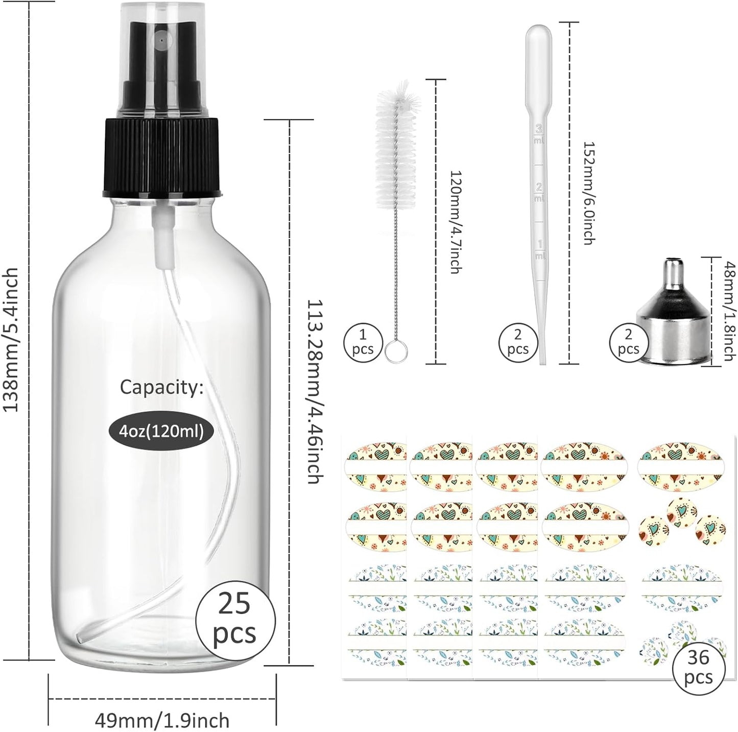 CycleMore 25 Pack 4oz Clear Glass Spray Bottles with Fine Mist Sprayers, Glass Travel Bottles for Cosmetic Essential Oils Cleaning Solutions Perfumes & More Liquids (1 Brush, 2 Funnels and 36 Labels)