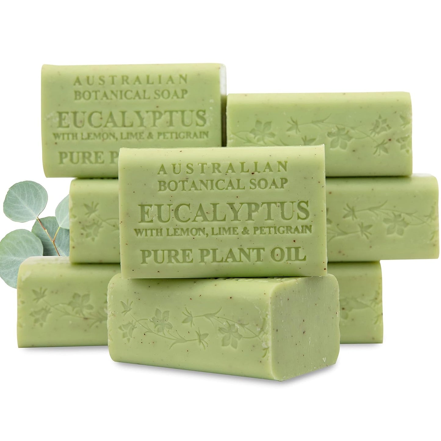 Australian Botanical Soap, 6.6 OZ, Eucalyptus, Lemon, Lime, and Petitgrain, Triple Milled Bars made with a Natural Soap Base and Enriched with Organic Shea Butter, Pack of 8