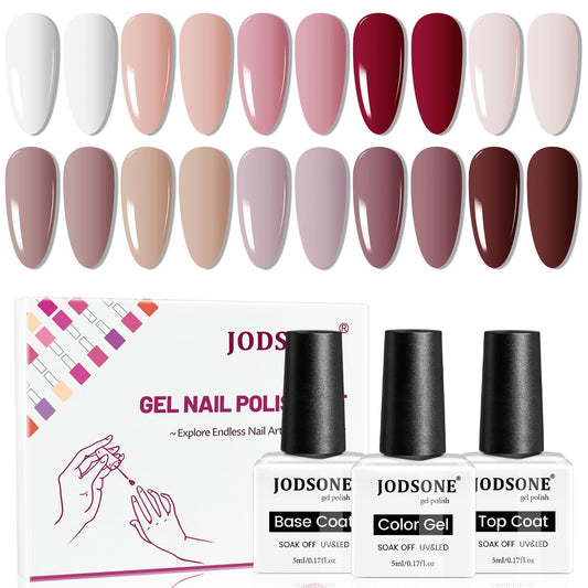 JODSONE 10 Colors Gel Nail Polish Set with Base Coat & Top Coat White Pink Purple and Red Gel Polish for All Seasons Women's Holiday Gift