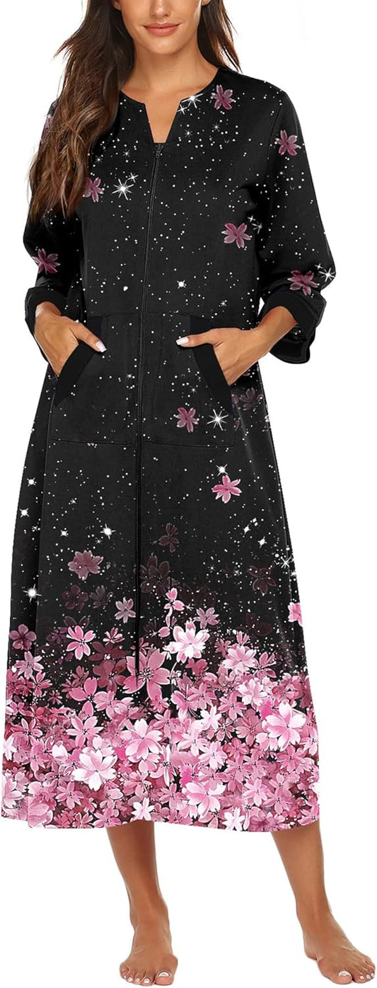 Ekouaer Women Zipper Robe 3/4 Sleeves Loungewear Dress Full Length Sleepwear Pockets Housecoat Nightgown Long Bathrobe
