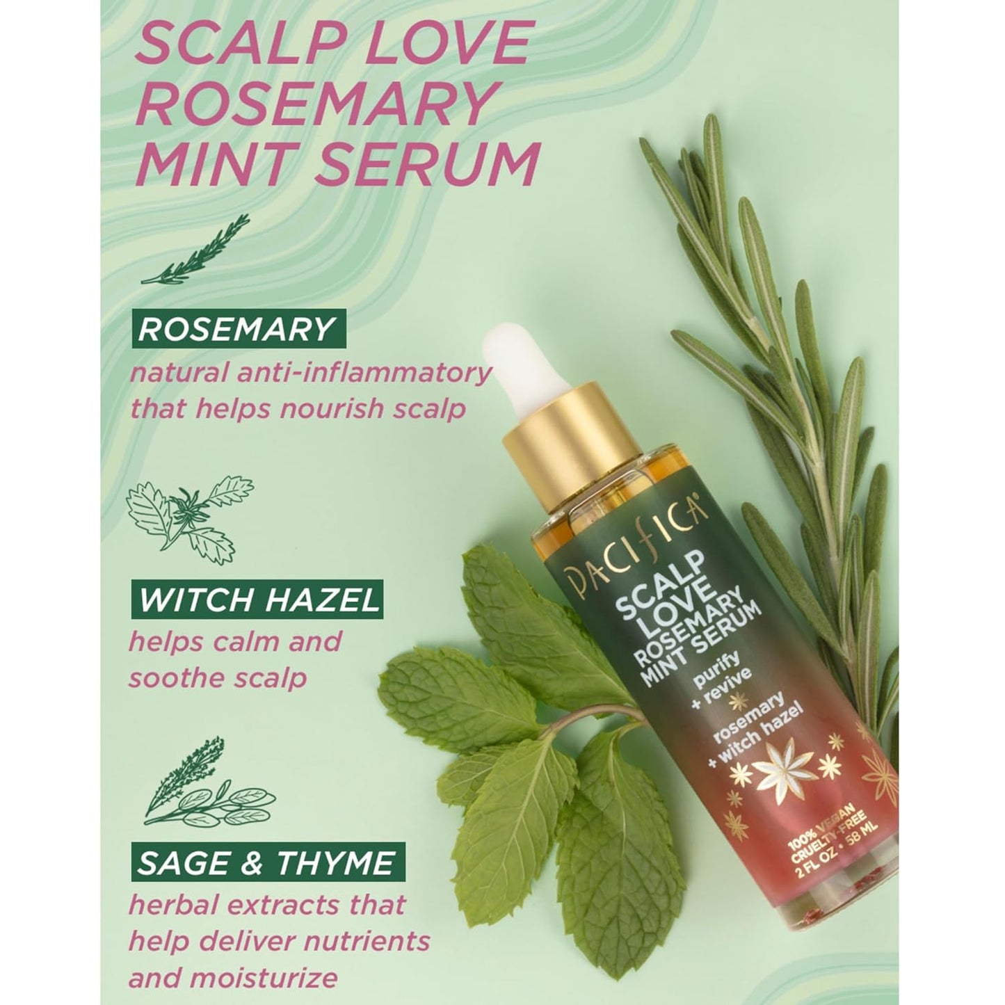Pacifica Scalp Love Rosemary Mint Serum - Dry, Flaky, and Itchy Scalp Serum, Hydrating, Moisturizing, and Calming Treatment Formulated with Witch Hazel, Vegan and Cruelty-Free - 2 Fl Oz