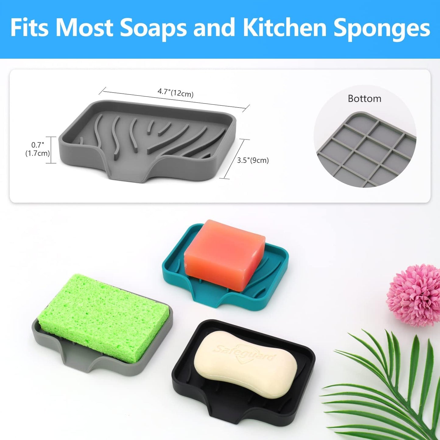 3-Pack Premium Soap Dishes, Easy to Clean Soft Silicone Self Draining Tray/Holder for Shower, Bathroom, Kitchen, Bathtub - Keep Soap Dry, Extend Life