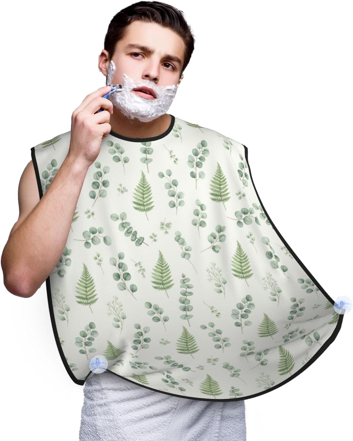 No-Slip Shaving Bib, Beard Grooming Apron with Strong Suction Cups, Watercolor Sage Green Leaf