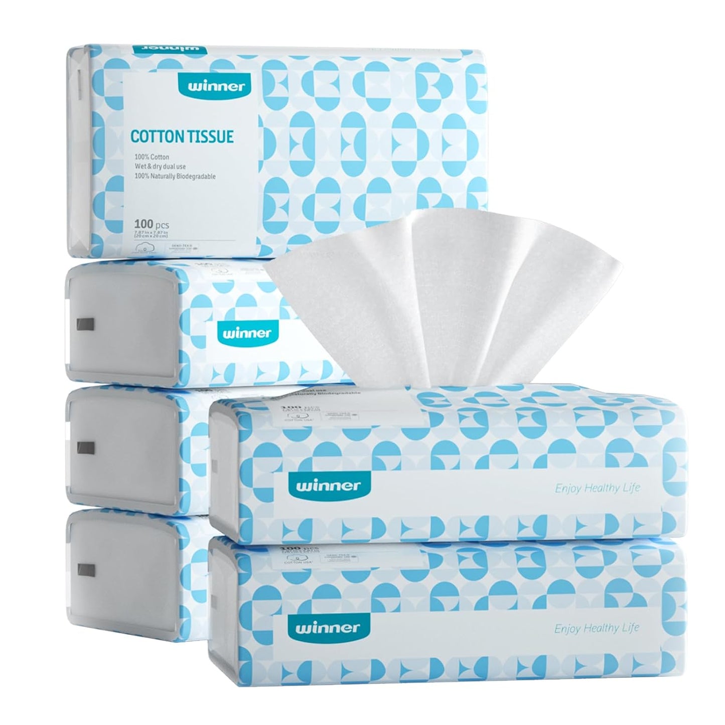 Winner Soft Face Towels, 100% USDA Biobased Facial Towels, Unscented Cotton Tissues for Sensitive Skin, OEKO-TEX Certified Face Towelettes Disposable, Makeup Remover Dry Wipes, 600 Ct, 6 Pack