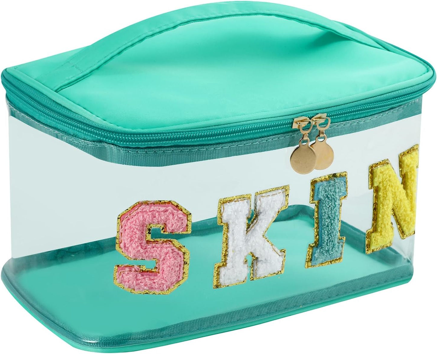 Personalized Chenille Letter Clear Skin Makeup Bag, Large Size Waterproof Nylon Cosmetic Toiletry Storage bag with Top Handle, Transparent Meds Skin Travel Organizer Cosmetic Bag(08Skin-Green)