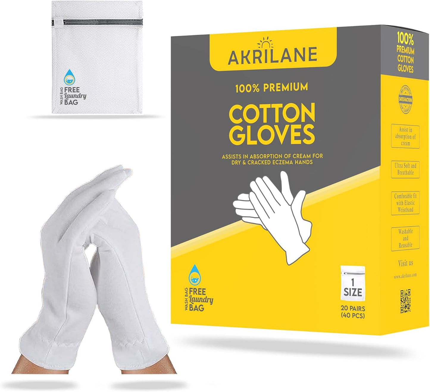AKRILANE 1 Size 20 Pairs Cotton Moisturizing Gloves for Dry Hands, Eczema & Psoriasis Treatment, Reusable with Free Laundry Bag