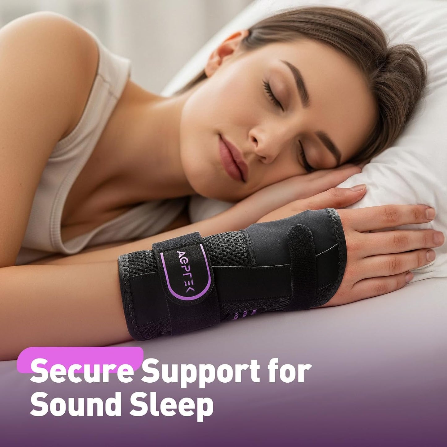 AGPTEK Carpal Tunnel Wrist Brace for Men Women, Night Sleeping Wrist Support with 2 Splints, Pain Relief Hand Brace for Arthritis Sprains Tendonitis, Adjustable Wrist Splint for Right Hand (S/M, Black & Purple)