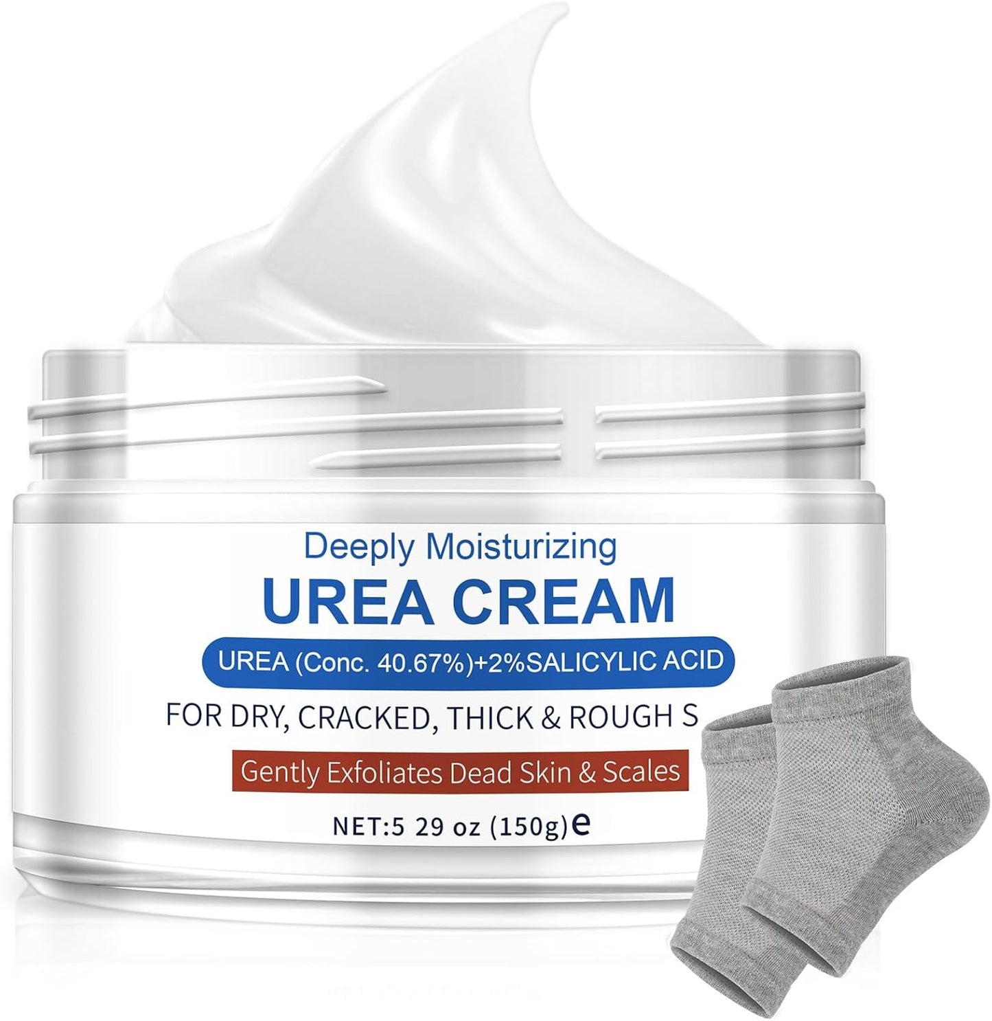 Ultra-Hydrating Urea Cream (Urea Conc. 40.67%), Foot Cream for Dry Cracked Heels and Feet, Pair with Moisturizing Heel Socks for Cracked Heel Treatment, Heel Socks Included (5.29 OZ/150g)