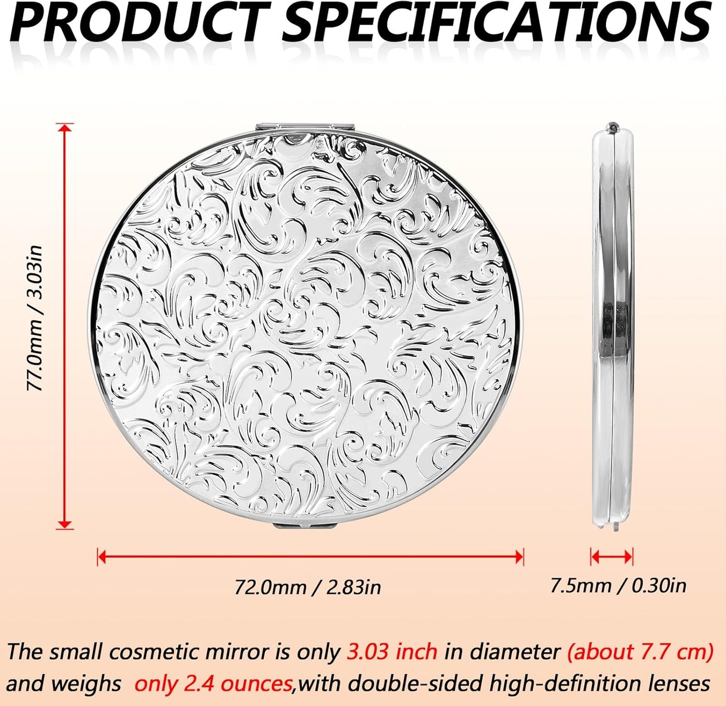 Portable Compact Metal Folding Makeup Mirrors, Beautiful and Elegant,1X/2X Magnifier. (Silver)