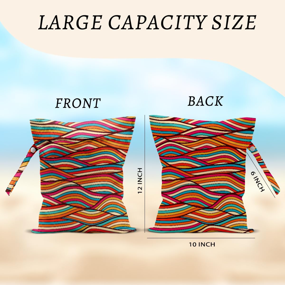 Wave Wet Bags 12x10 Inch, Colorful Wave Waterproof Travel Laundry Bags, Washable Reusable Wet Dry Bag for Swimsuit Pool Beach Diapers Dirty Yoga Gym Clothes, Travel Gifts for Women Friend Travelers