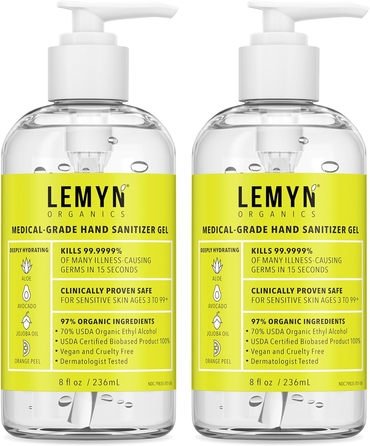 Medical‑Grade Hand Sanitizer Gel – 97 % Organic | 70 % USP Ethyl Alcohol | Moisturizing Aloe + Hyaluronic Acid | Freshly Made in USA | 8oz Bottle with Pump (PACK OF 2)