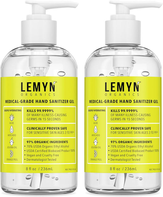 Medical‑Grade Hand Sanitizer Gel – 97 % Organic | 70 % USP Ethyl Alcohol | Moisturizing Aloe + Hyaluronic Acid | Freshly Made in USA | 8oz Bottle with Pump (PACK OF 2)