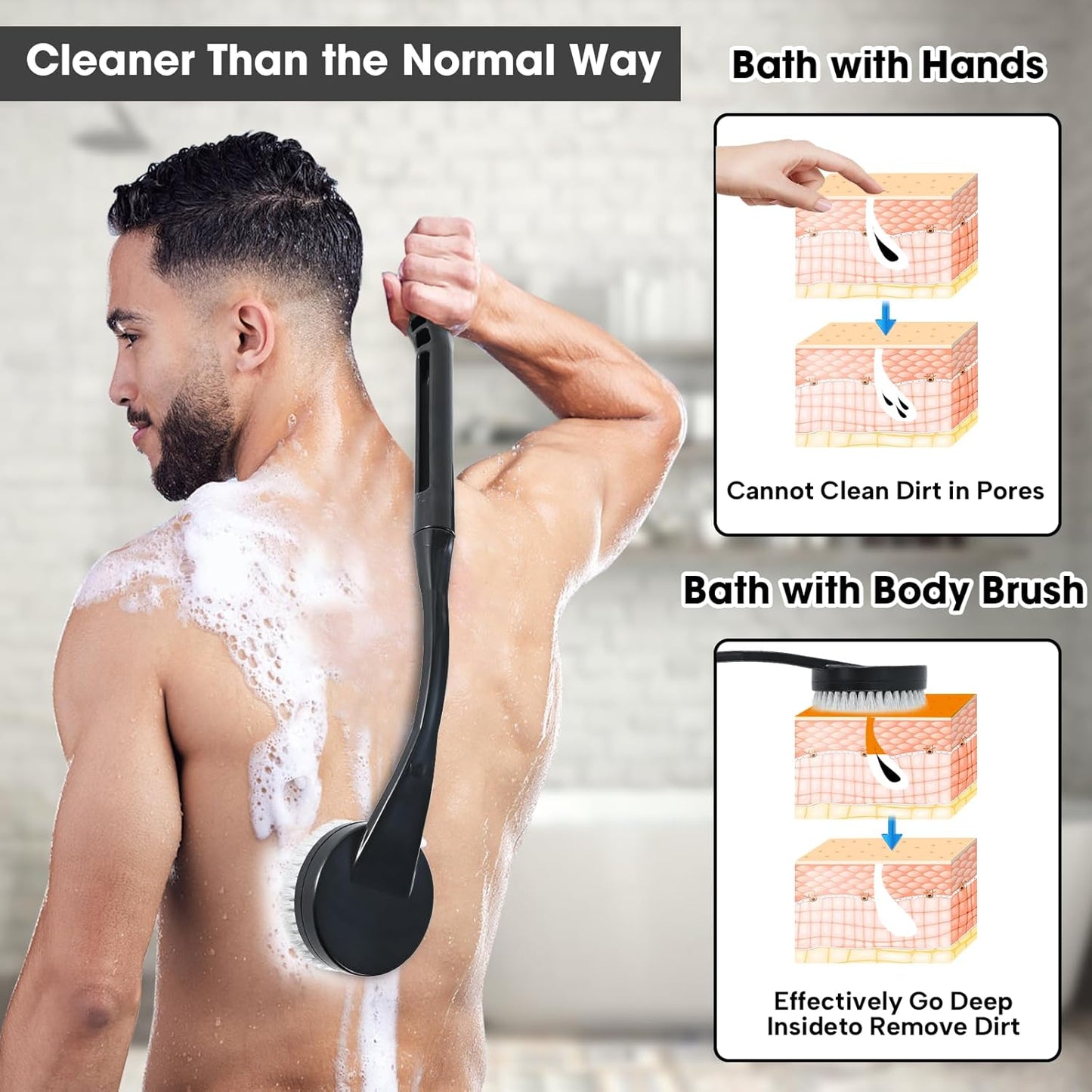Back Scrubber for Shower,20.5" Bath Brush Long Handle for Deep Clean,Back Brush for Shower for Men Women(Black)
