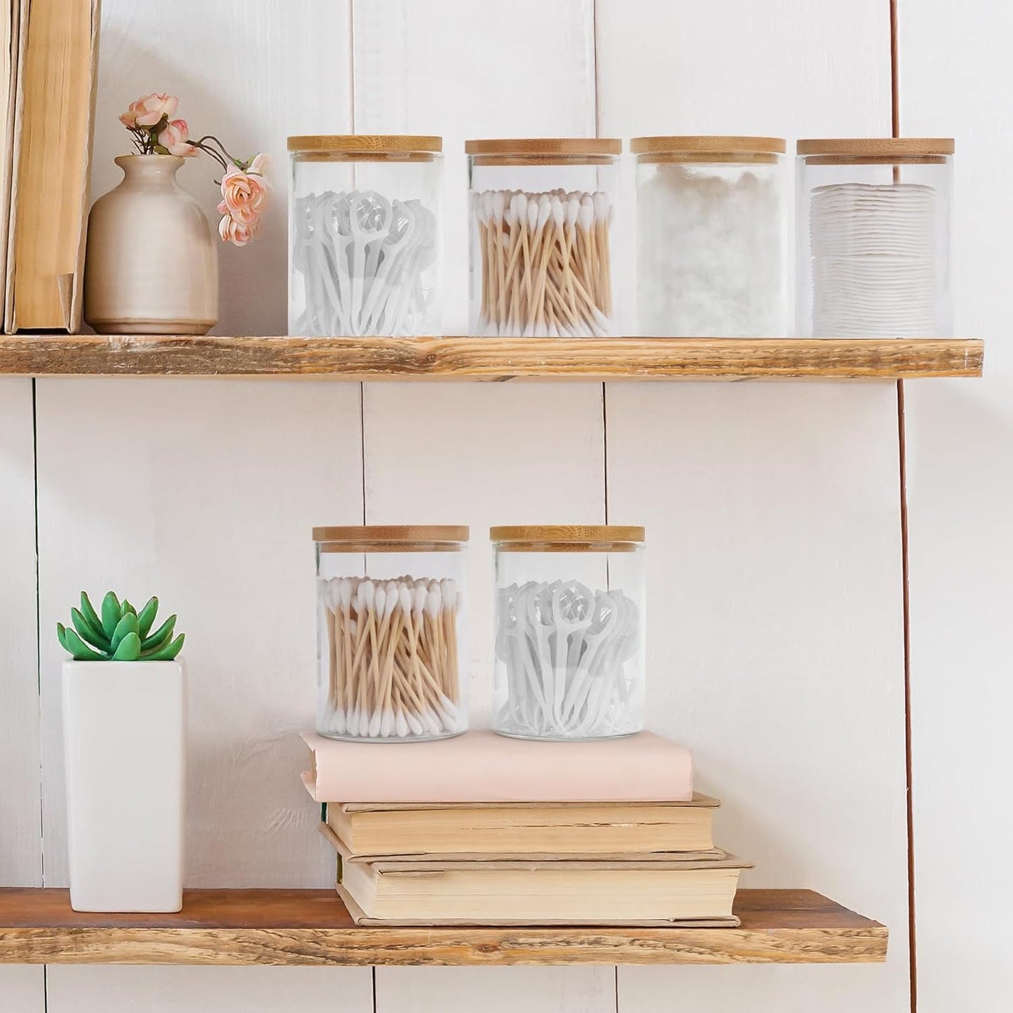 6 Pack Glass Qtip Holder Dispenser Set - Apothecary Jars with Lids for Vanity Makeup Organizer - Bathroom Canister Storage Organizer for Cotton Ball, Cotton Swab, Cotton Round Pads,Floss