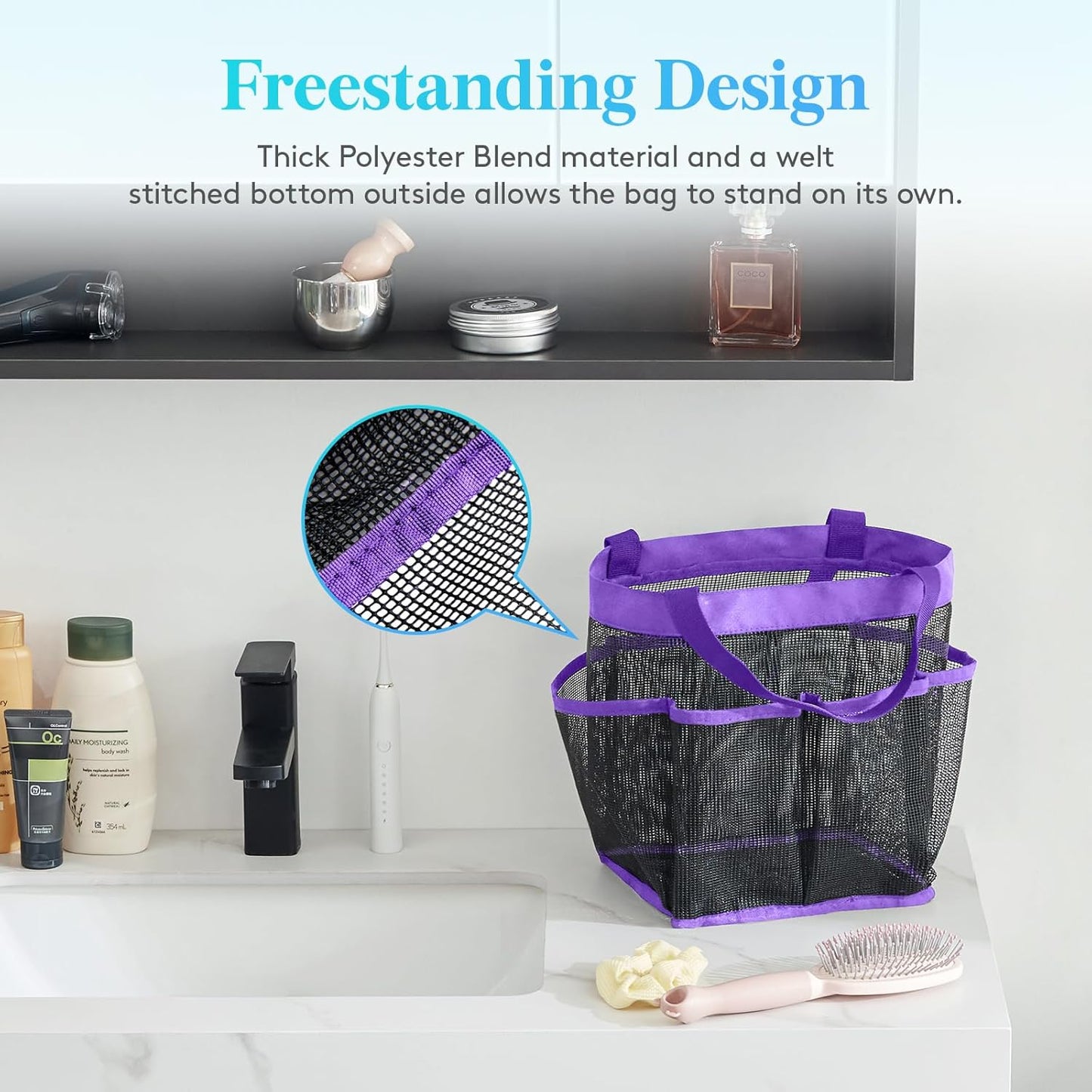 Lifewit Mesh Shower Caddy Freestanding Portable Shower Tote Bag for College Dorm, Bathroom,Gym,Travel, Quick Dry Hanging Shower Organizer with 7 Storage Pockets for Toiletry Essentials, Purple