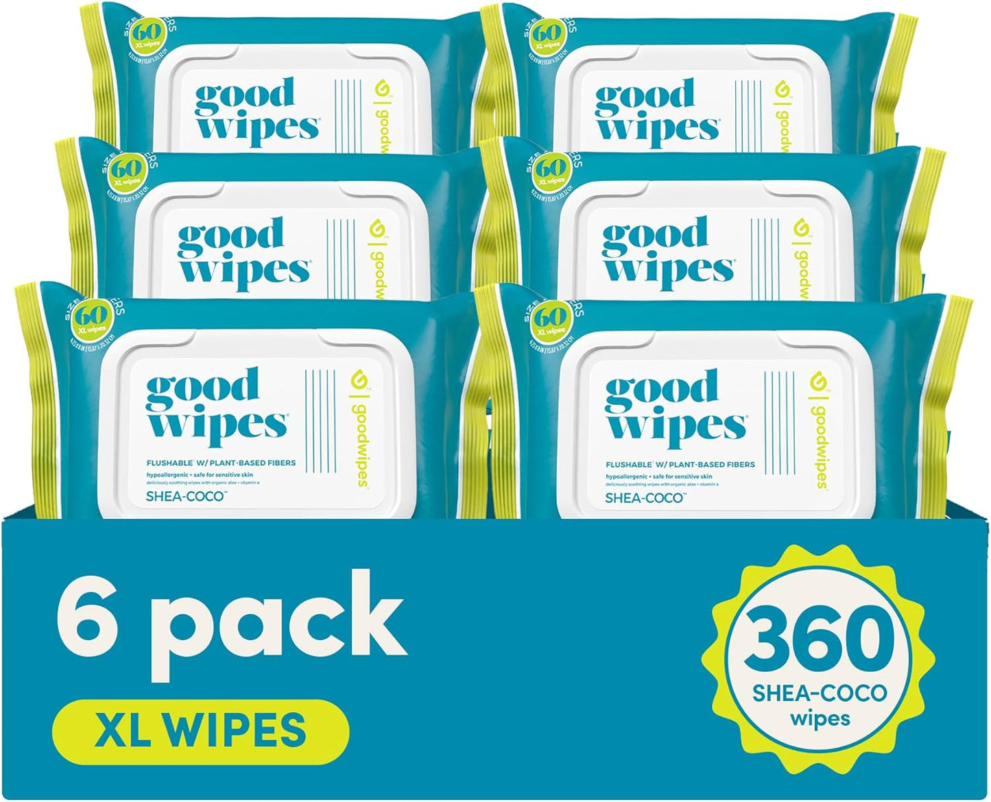 Goodwipes Flushable Butt Wipes Made with Vitamin E & Aloe - Soft & Gentle Wet Wipe Dispenser for Home Use, Septic & Sewer Safe - Largest Adult Toilet Towelettes - Shea Coco, 360 Count (6 Packs)